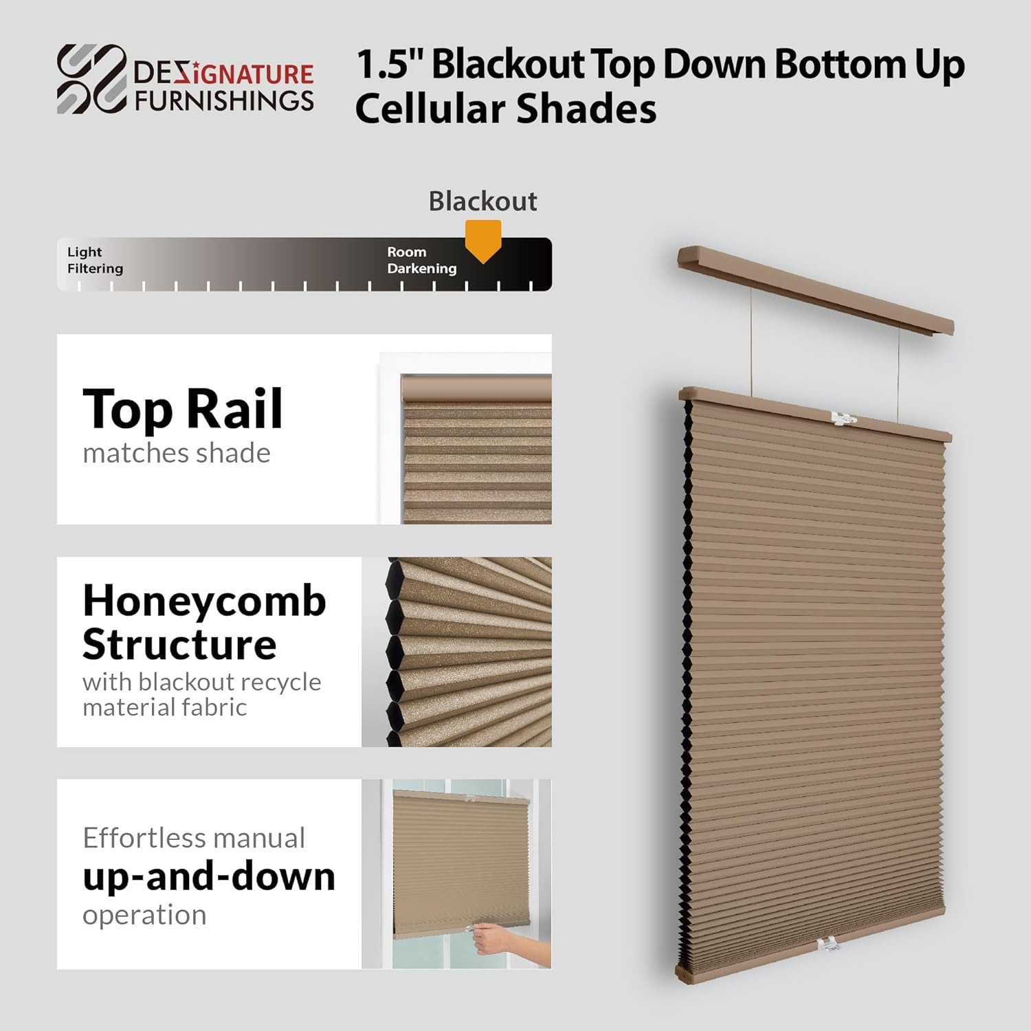 Cordless Blackout Cellular Shade, Top Down Bottom Up, 47″W x 36″H, Latte