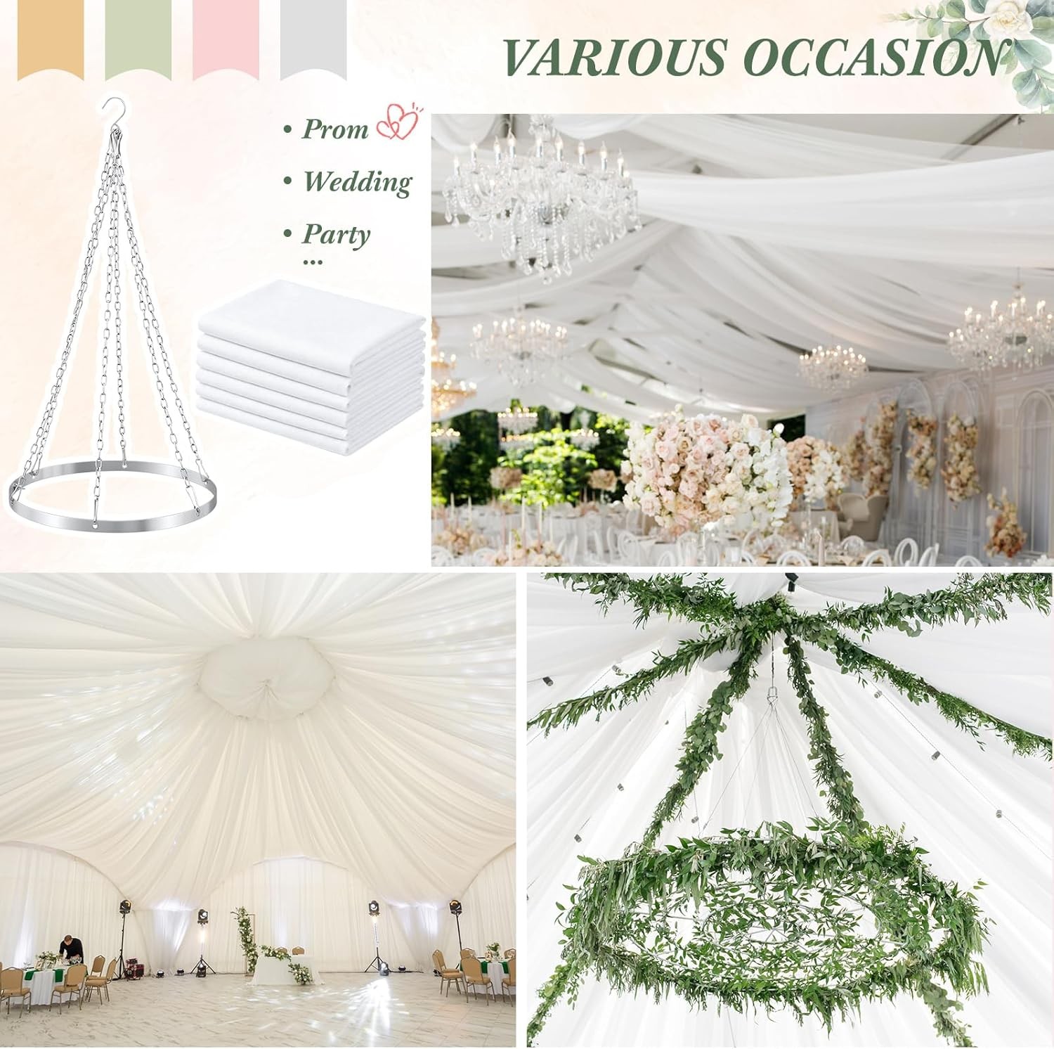 5Ft X 20Ft 6 Panels 12 Inches Ceiling Drapes Hanging Kit with Drapery- Ceiling H
