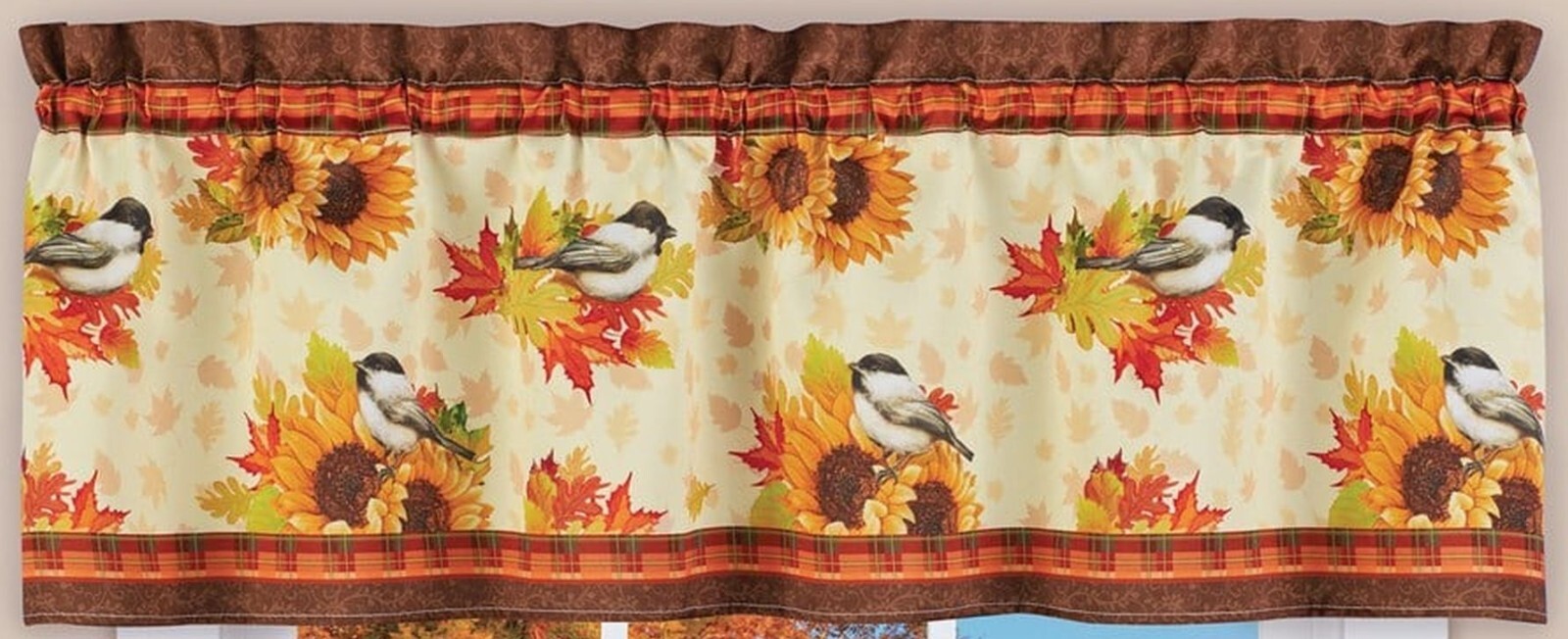 1 Fabric Printed Valance (15″x58″)(no tiers) FALL CHICKADEES BIRDS & LEAVES,CE