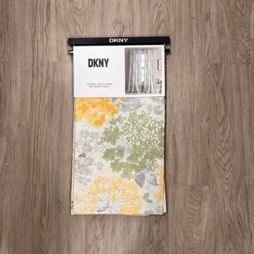 DKNY 50 x 96 Floral Fields Rod Pocket Cotton Curtains Yellow Green Gray Flowers