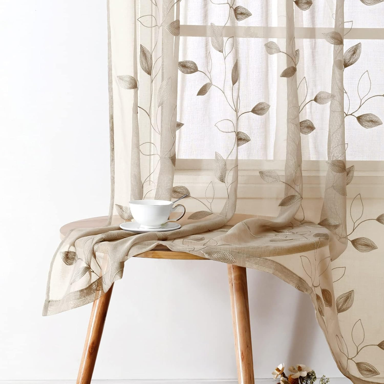 Taupe Sheer Curtains 52 X 63 Inches Length 2 Panels Beige Embroidered Leaf Patte