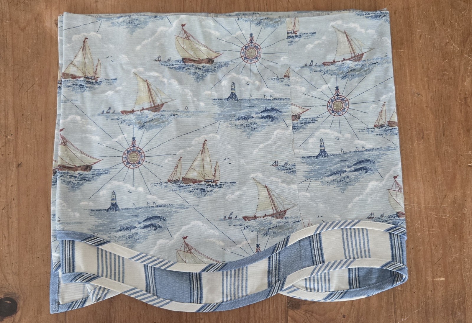 Waverly Sailboat Scalloped Valance Striped Lower Tier 80”x17” Nautical ONE PIECE