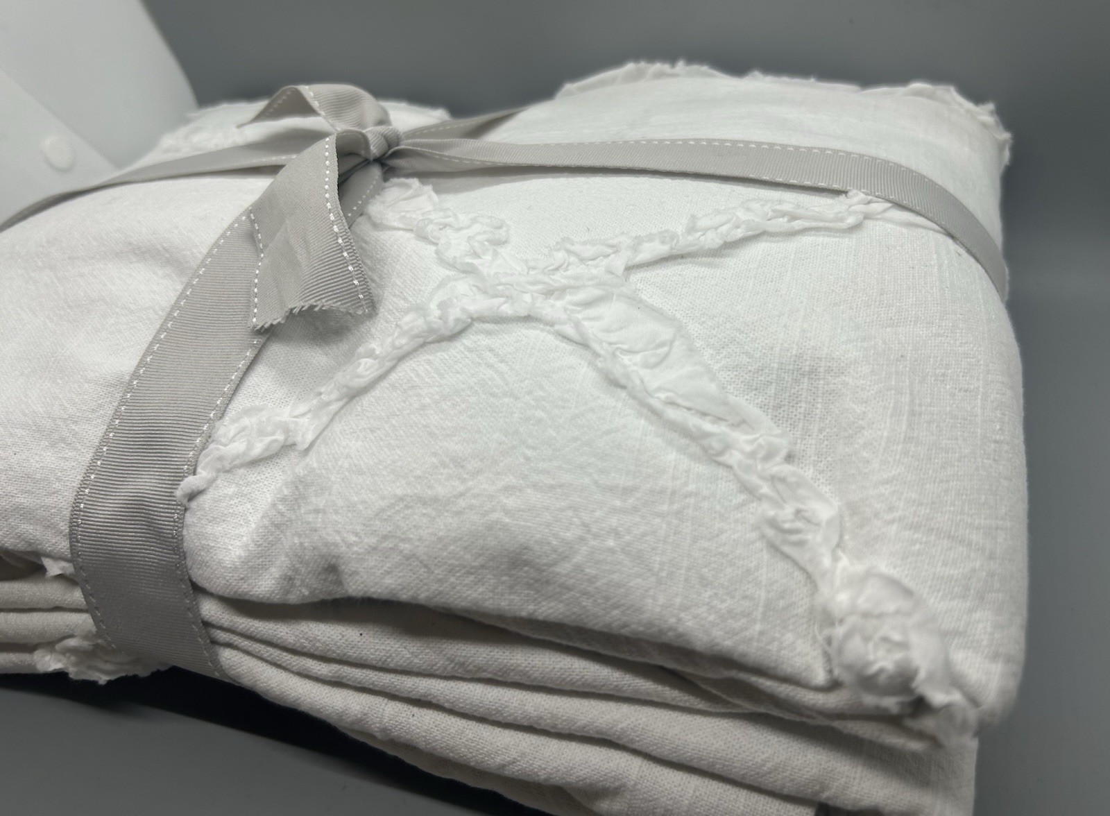 Pottery Barn Casual Ruffle Applique Curtain, Blackout, White 44”x 84” Boho Linen