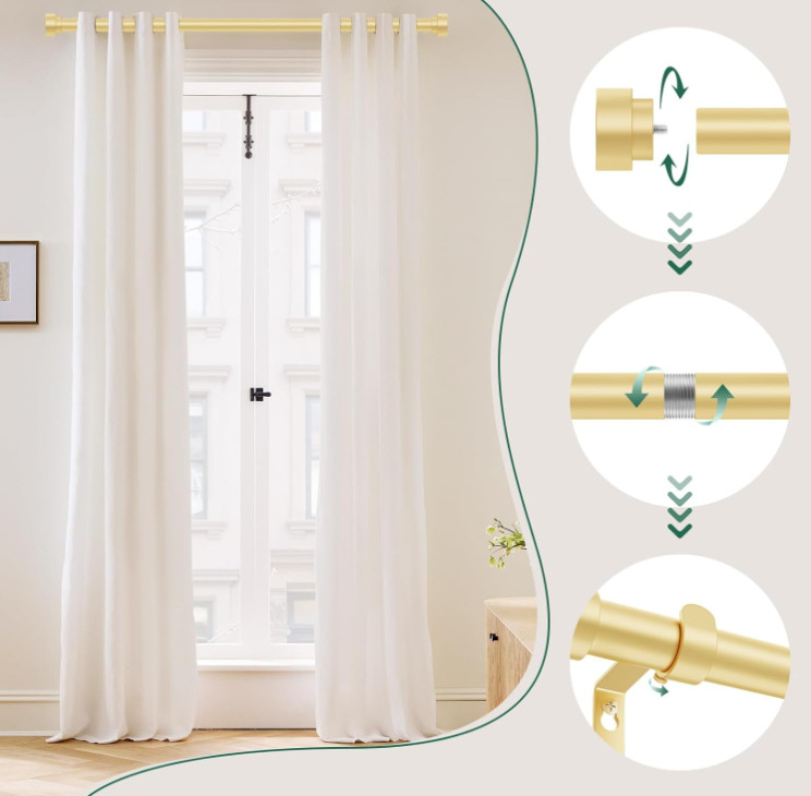 Barra de cortina dorada extensible 72–144”, resistente y decorativa, Nuevo