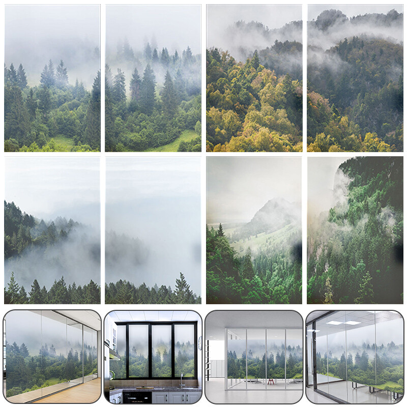 Home Window Film Static Cling Stained Forest Scenery 3D Frosted Decor US