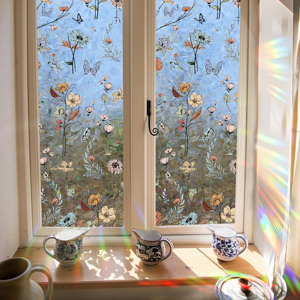 Boho Flower Stained Glass Window Film 3D Rainbow Privacy Cling Decor