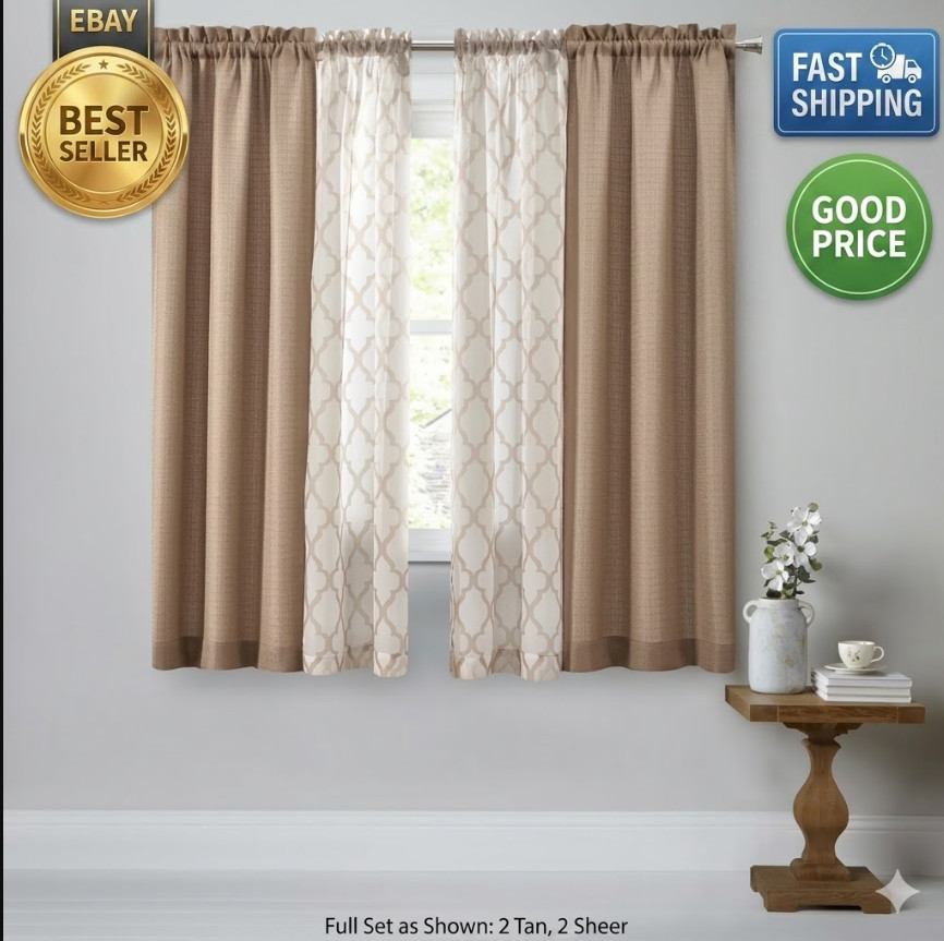 4 Panel Curtain & Sheer Set Tan 27.5×63 Elegant Window Drapes Home Decor