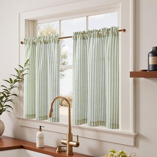 Striped Linen Kitchen 26″W x 36″L (Pack of 2) Rod Pocket Striped Sage Green
