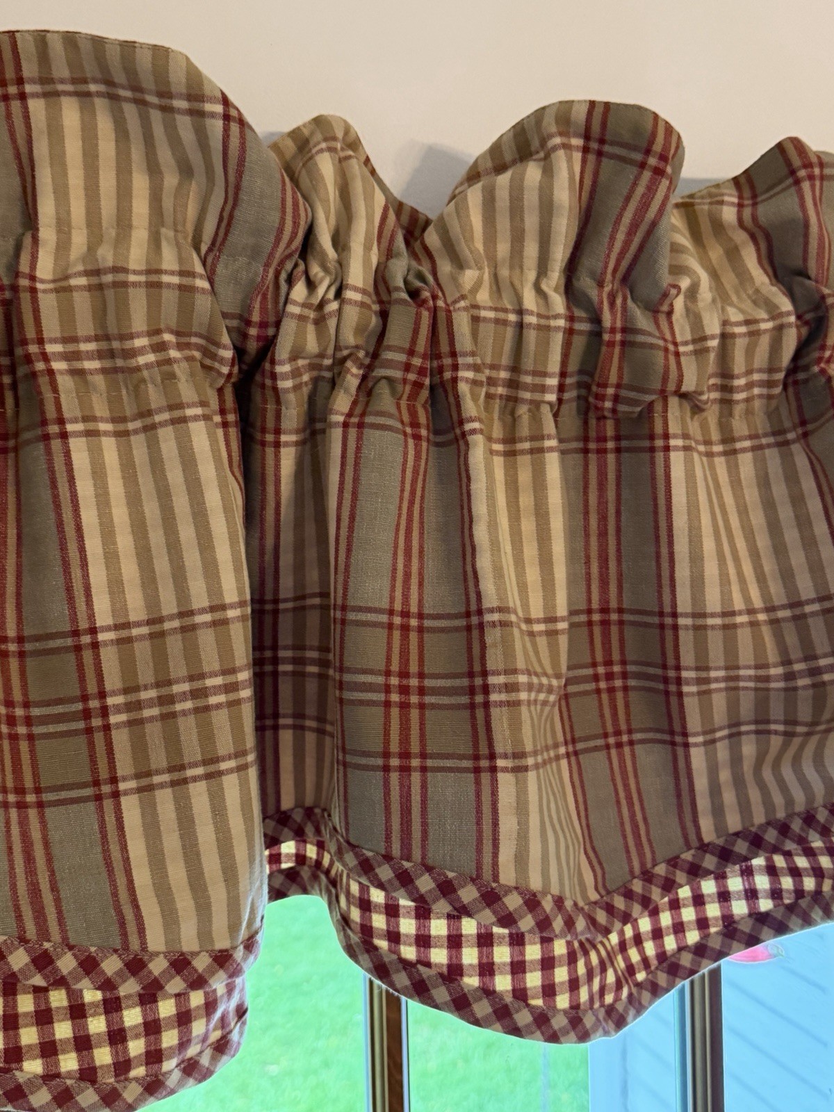 2 Waverly Scalloped Valances 76” x 16 Burgundy Cream Checked Plaid Farmhouse
