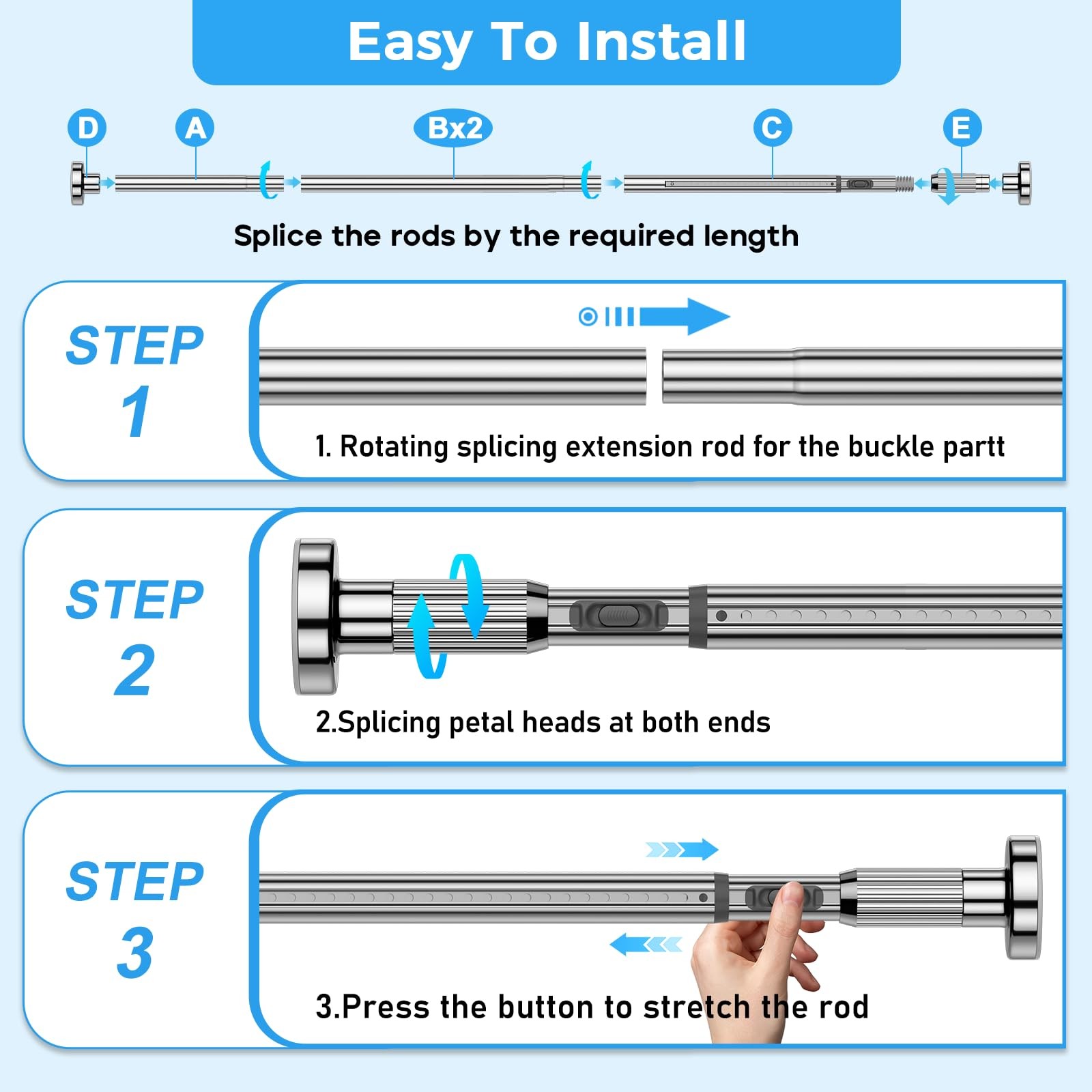 41-124 Inch Heavy Duty Silver Tension Curtain Rod – No Drilling, Adjustable, …