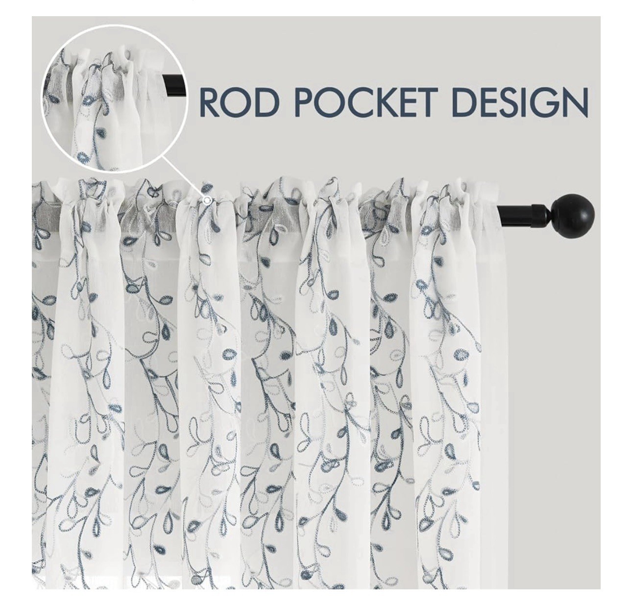 Sheer Curtains Embroidered Floral Vine, 52″W x 96″L (Pack of 2) Blue