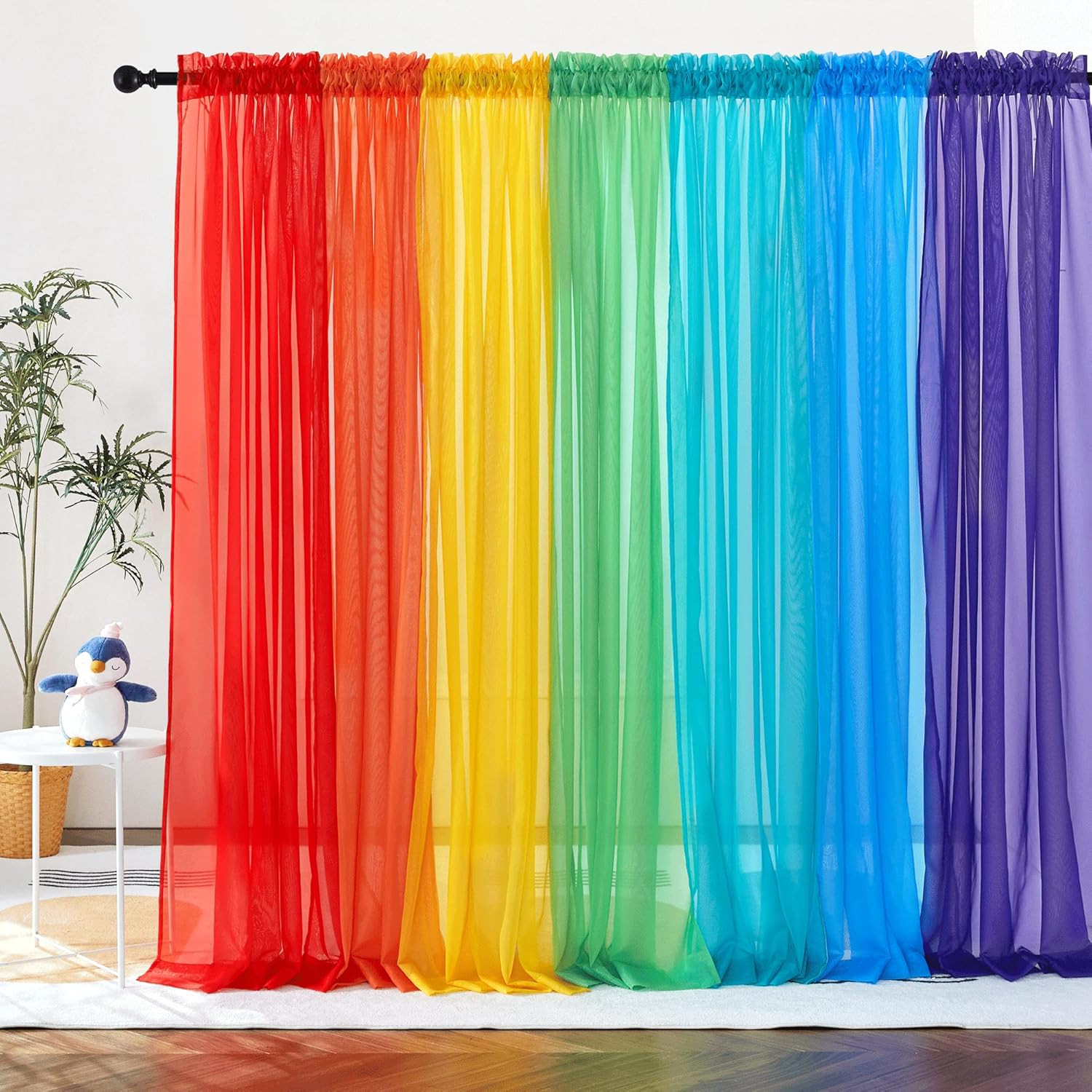 7 Pieces Rainbow Sheer Curtains – Colorful Backdrop Bright Drape Set for Playroo