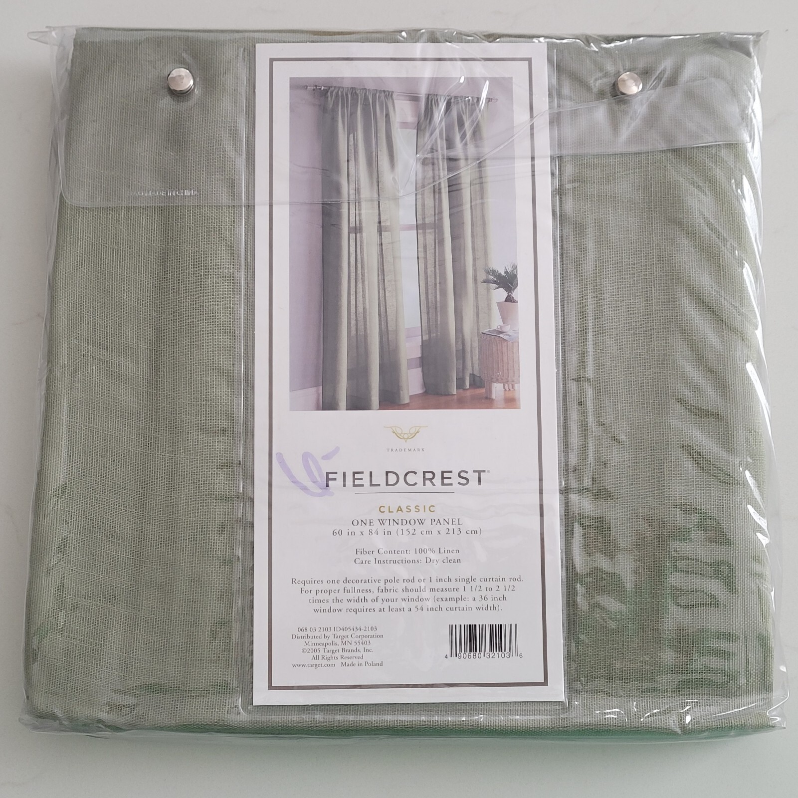 2005 Fieldcrest Classic One Single Green Linen Window Panel 60″ x 84″ – New NIP