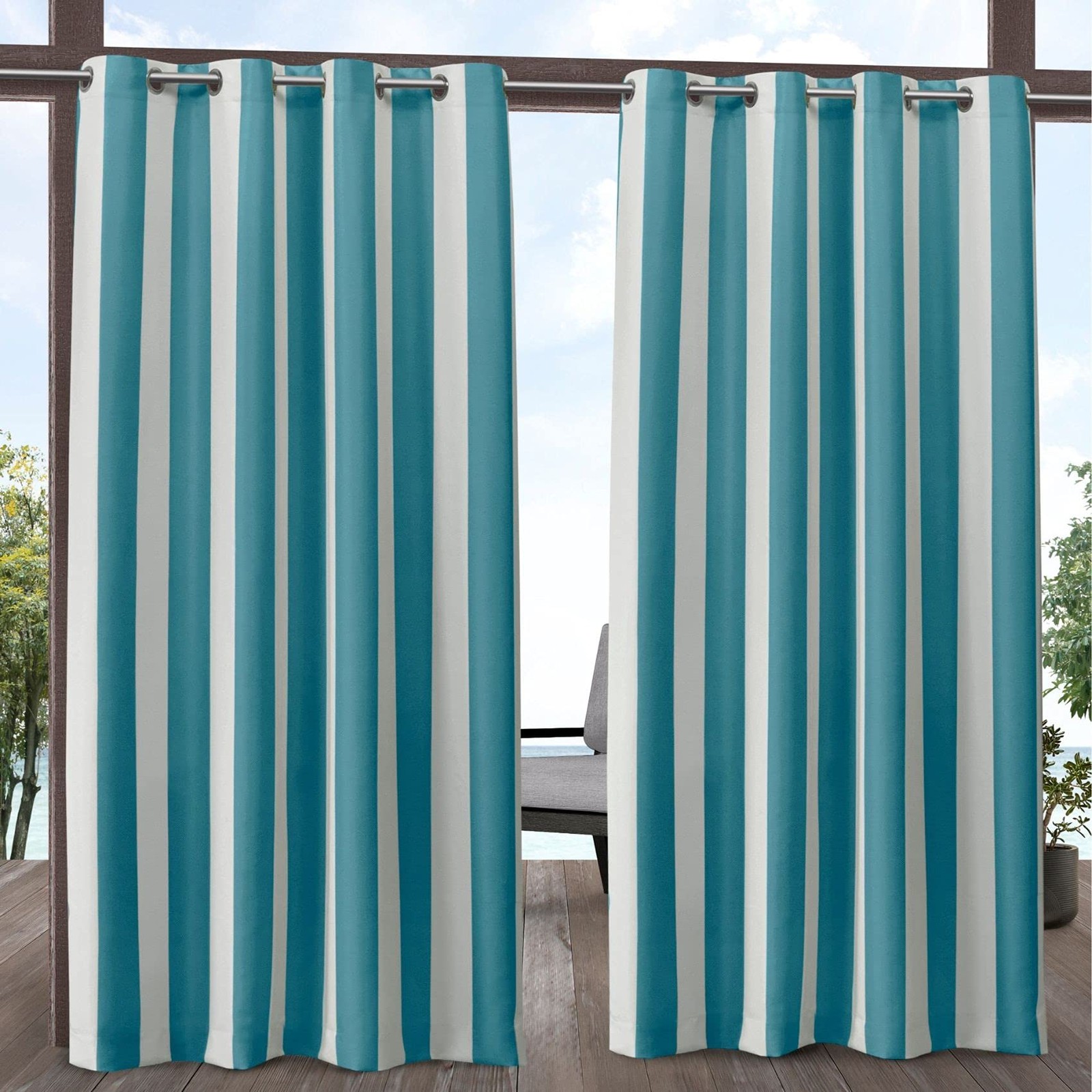 Exclusive Home Canopy Stripe Indoor/Outdoor Grommet Top Curtain Panel, 54″x10