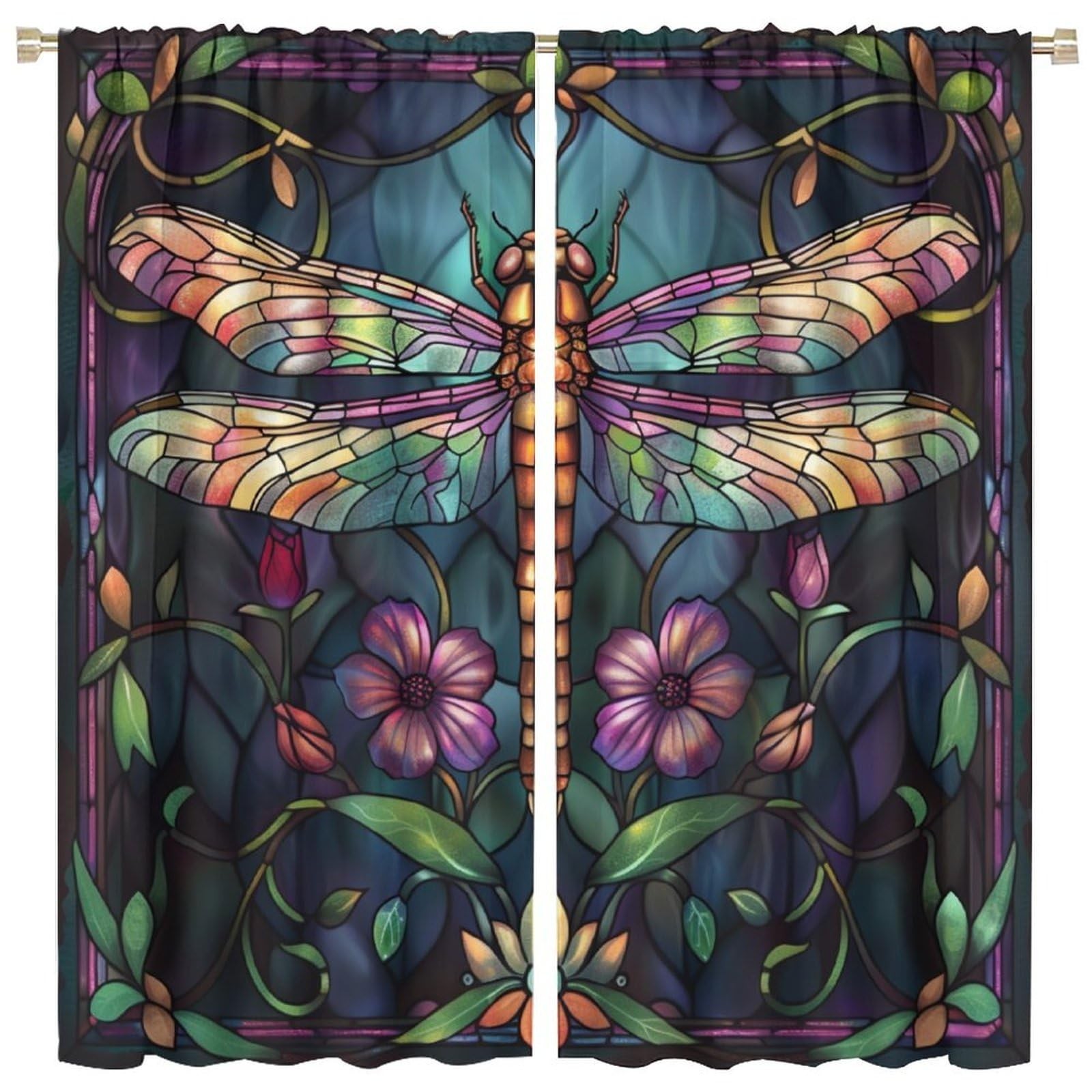 Mystical Stained Glass Dragonfly Blackout Curtains for Bedroom Living Room, C…