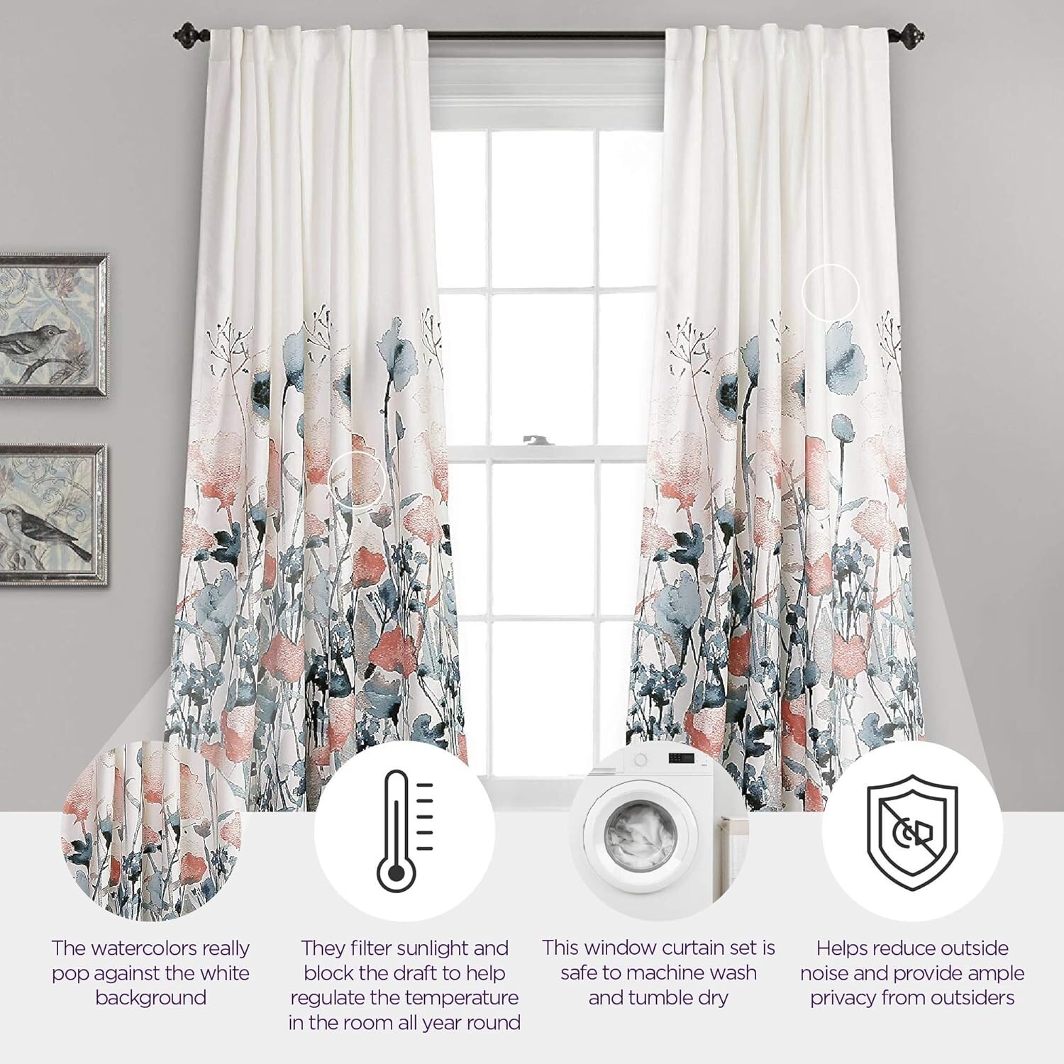 Zuri Flora Curtains Light Filtering Window Panel Set for Living, Dining, Bedroom