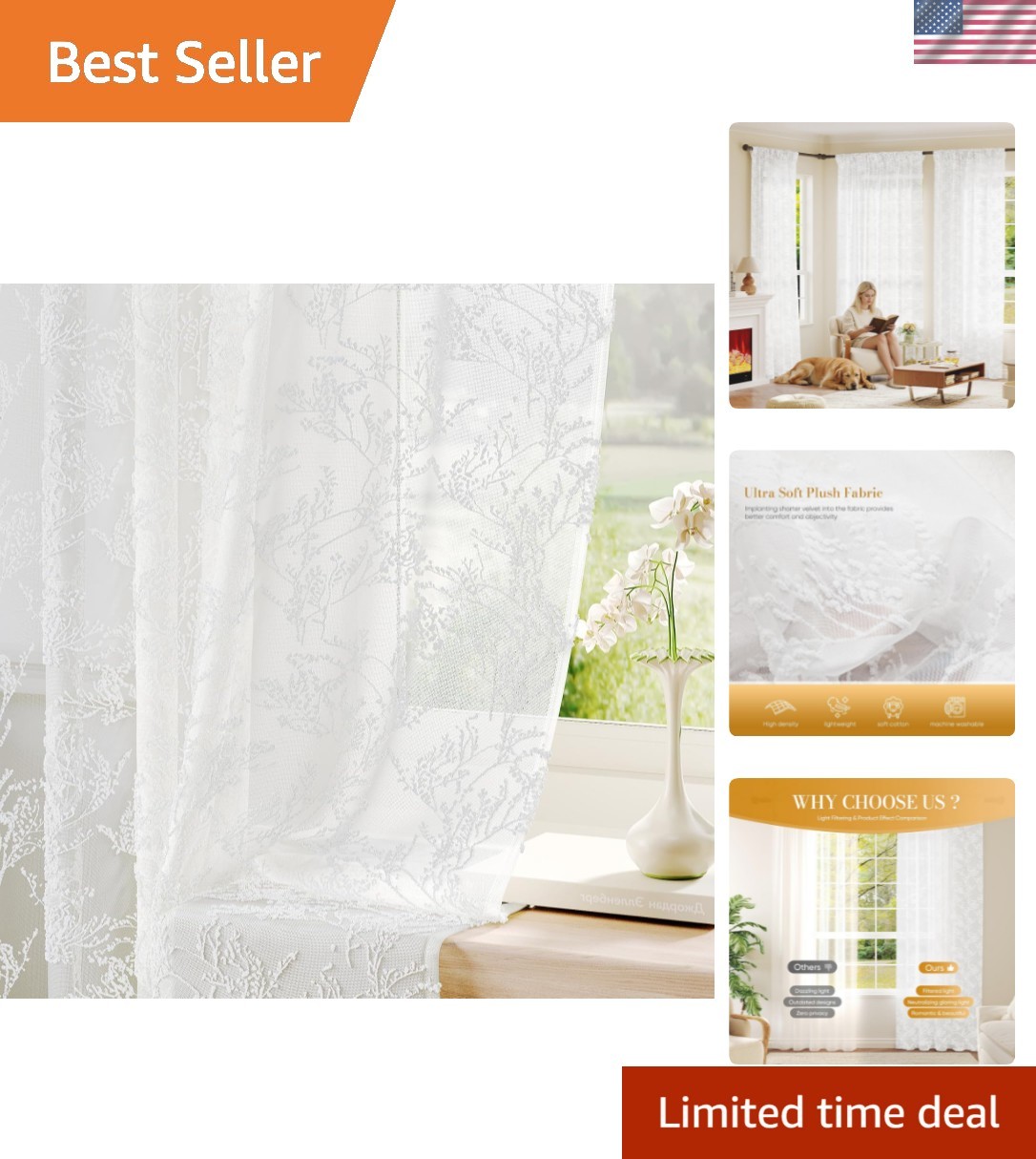 3D Textured Floral & Leaves Pattern Semi-Sheer Lace Curtains 84 Inches Long 2…