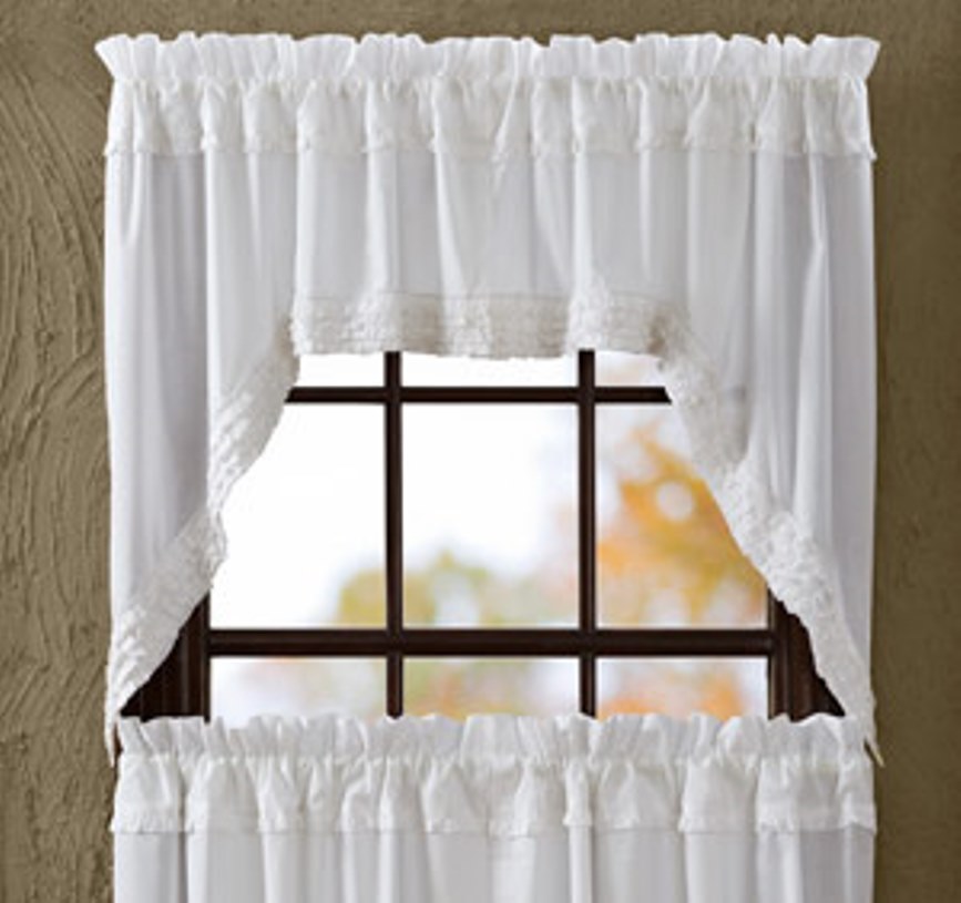 WHITE RUFFLED SHEER 2 PC SET SWAG VALANCE 36X36″ UNLINED FABRIC 1″ RUFFLES