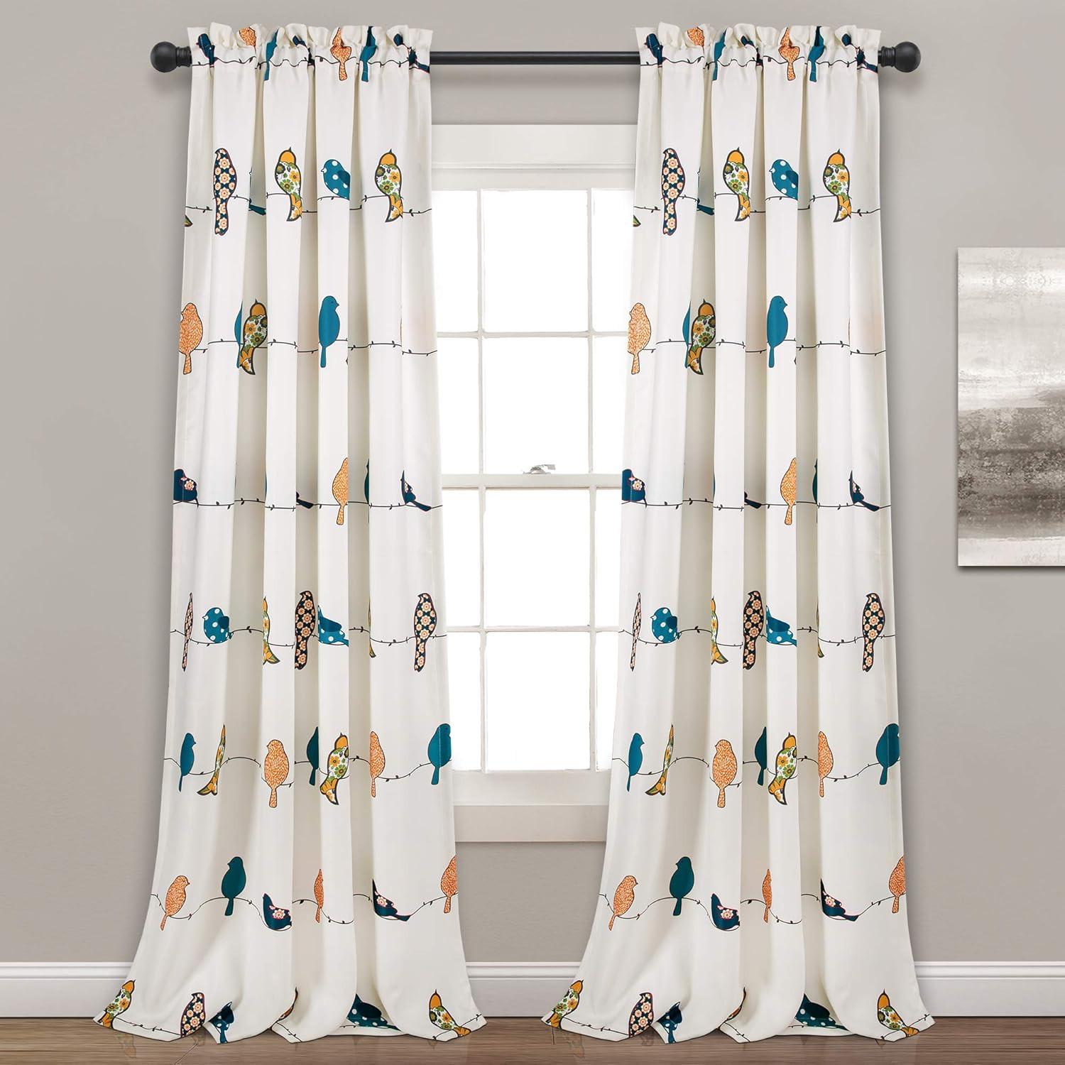 Colorful Bird & Floral Light Filtering Curtains, 52″ W x 95″ L, Pair