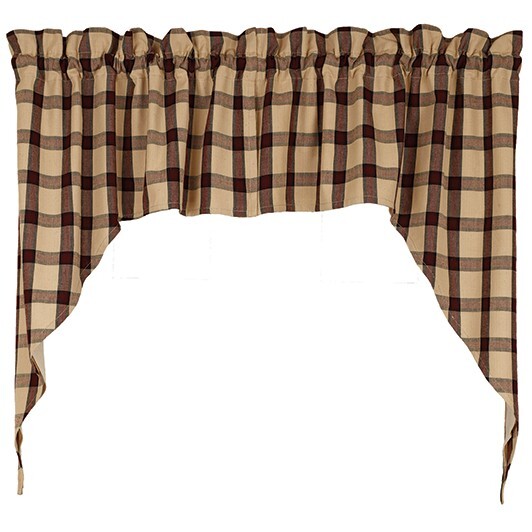 Tan Burgundy Black Checked Lined Window Swags Curtains, 72″ x 36″, Country