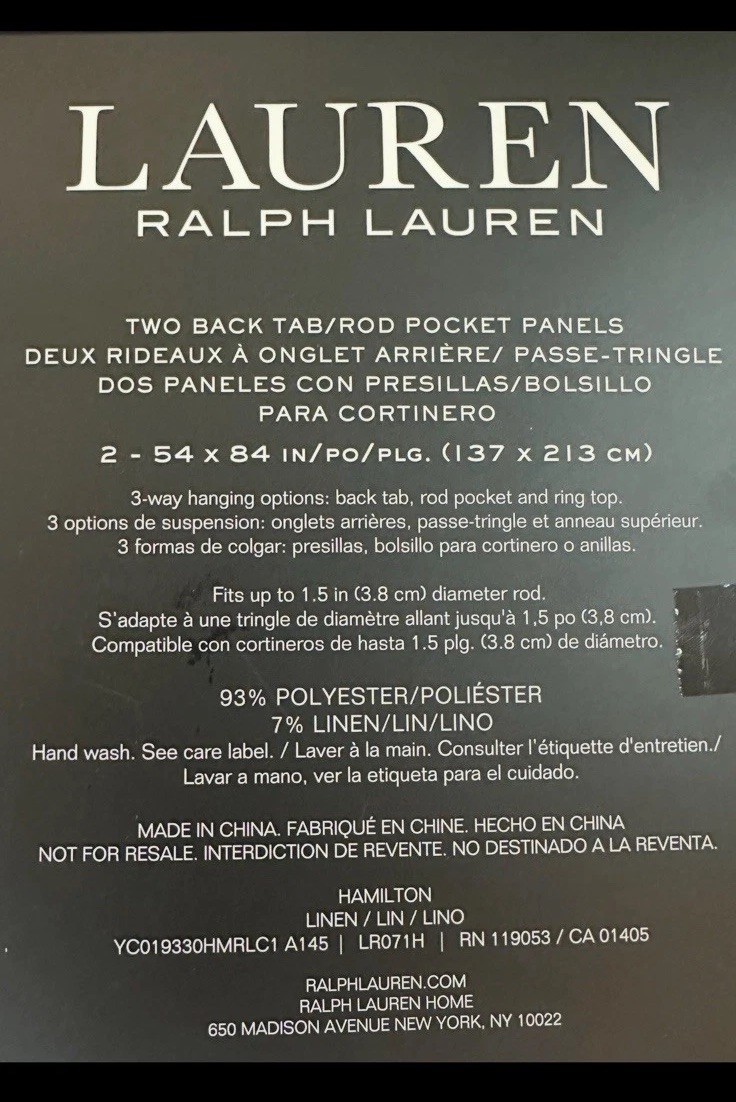 Ralph Lauren 2 Hamilton Curtain Panels 54×84 Sheer Beige New