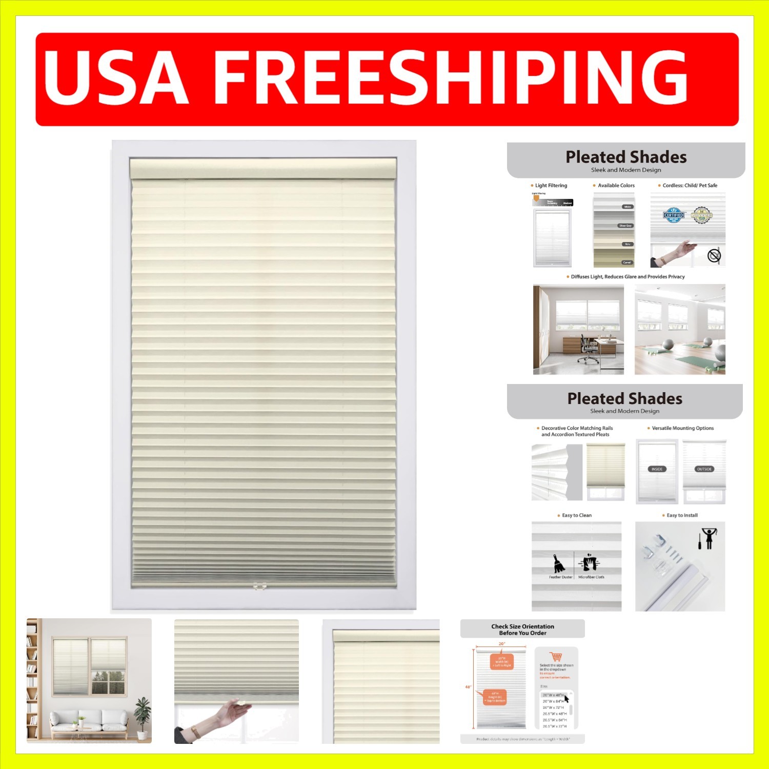 Cordless 1″ Light Filtering Pleated Shade, Fabric, 34″W x 64″H, Ecru