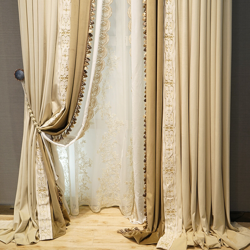 Custom High-grade beige velvet villa shading cloth curtain tulle drape C1760