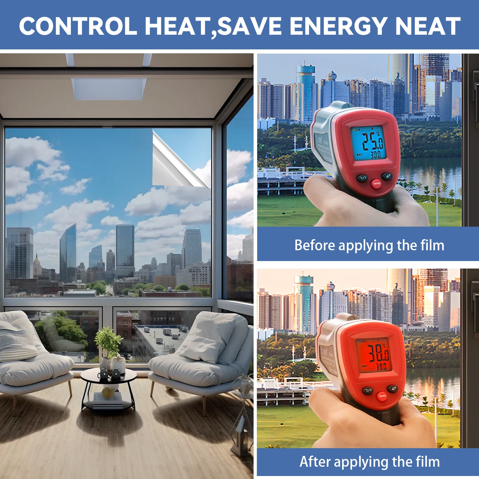 Sun Block Reflective Window Tint Privacy Static Cling for Home Office Glass Door