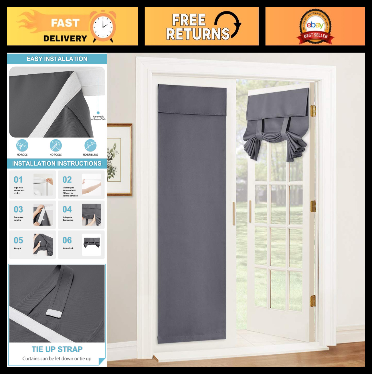 Blackout French Door Curtain – Thermal Insulated Privacy Shade, No Drill, 26″x69