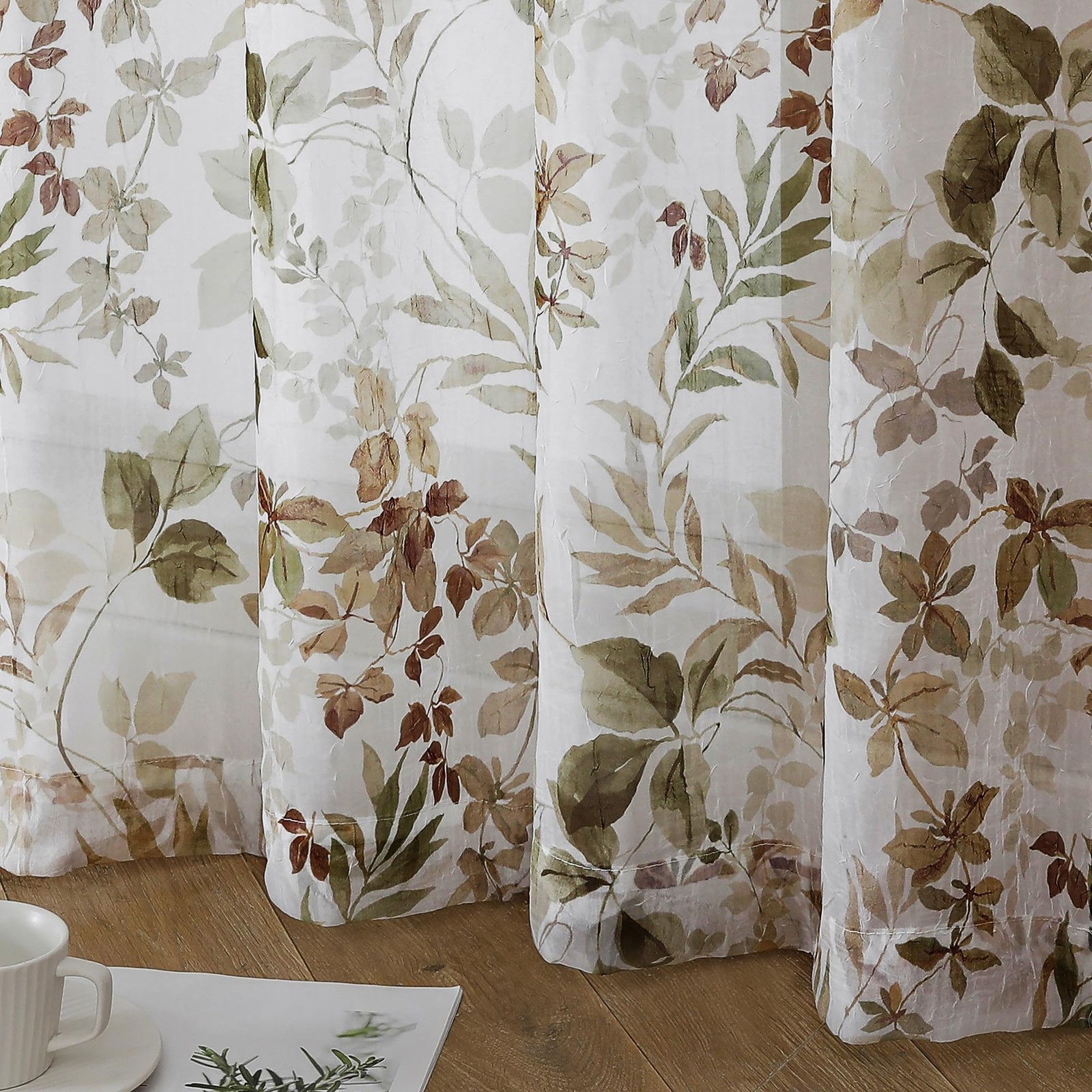 Crushed Sheer Curtains 63 Inch Length 2 Panels Set, Sheer Floral Curtians wit…