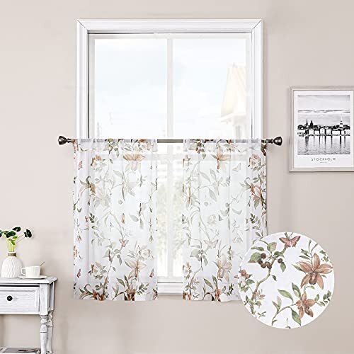 Floral Short Sheer Tier Curtains Taupe Cherry Flower Butterfly Print Half