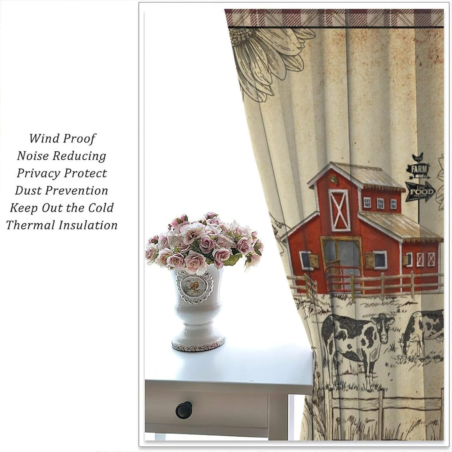 Retro Farm Cow Curtain for Bedroom,Vintage Brown Windmill Sunflower Country Far