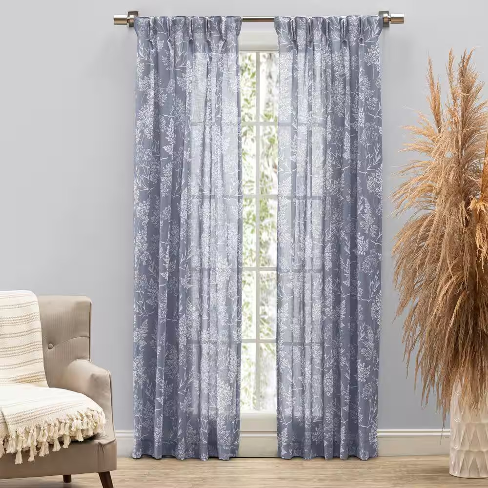 Wild Meadows Grey Polyester Floral 25 In. W X 84 In. L Pinch Pleat Sheer Curtain