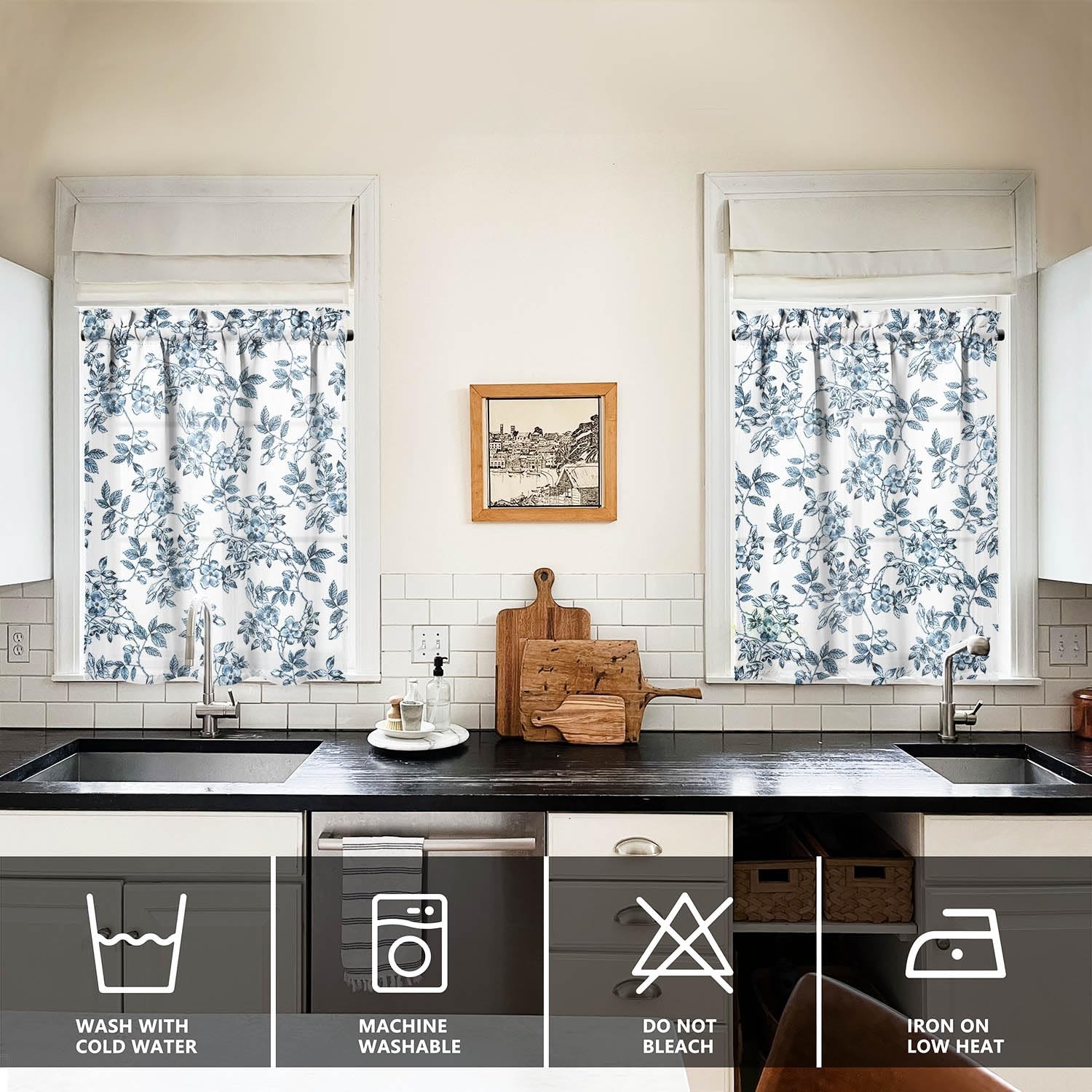 Blue Floral French Farmhouse Kitchen Curtains 36 Inch Length，Durable Leaves C…
