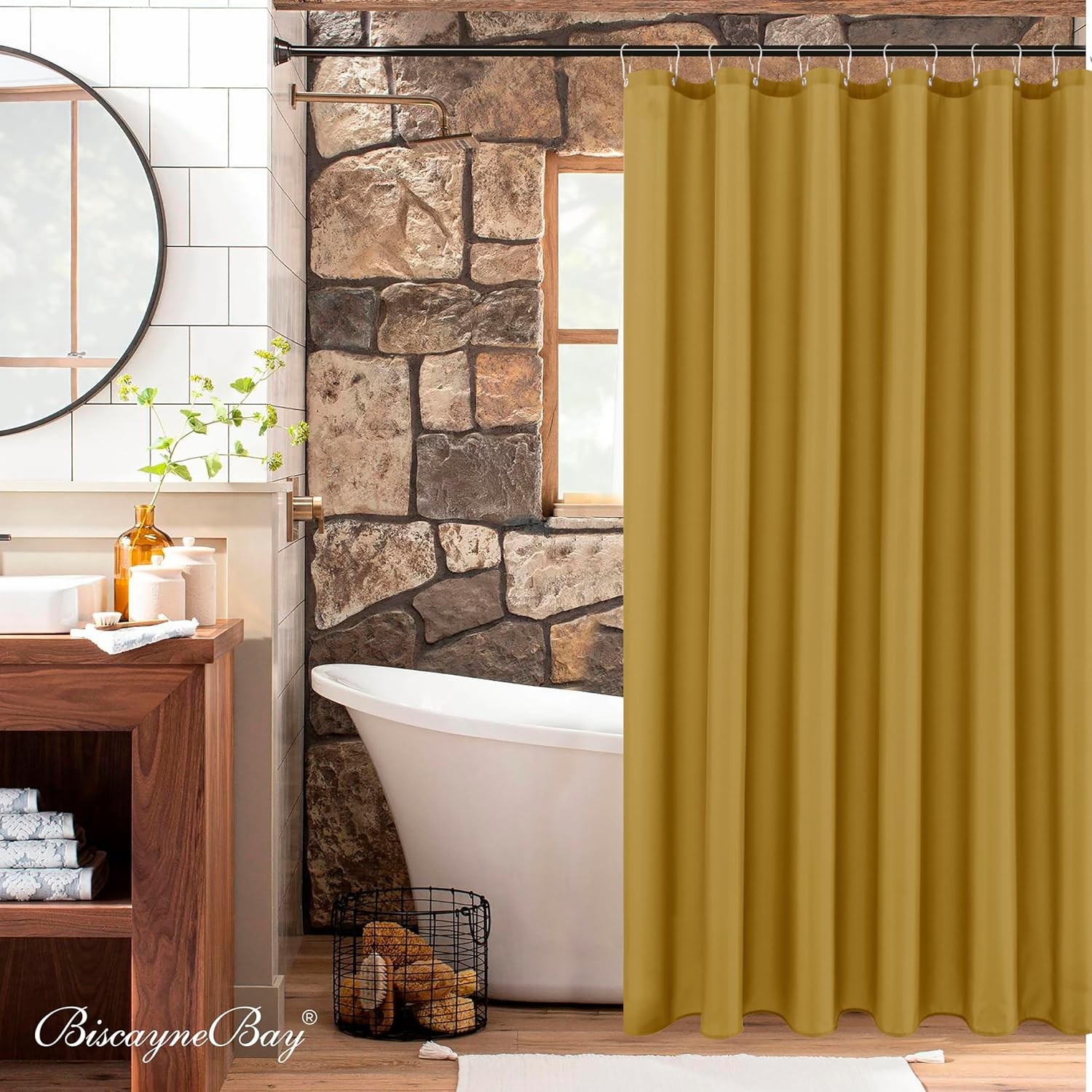 Biscaynebay Hotel Quality Fabric Shower Curtain 72″W x 72″L (Pack of 1), Gold