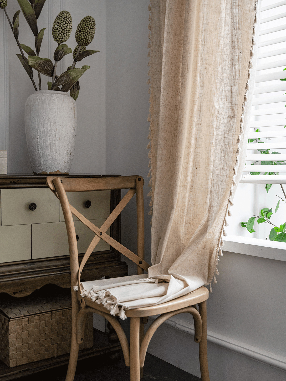 Boho Curtains 84 In Long Bohemia Linen Curtains for Bedroom Living Room Beige