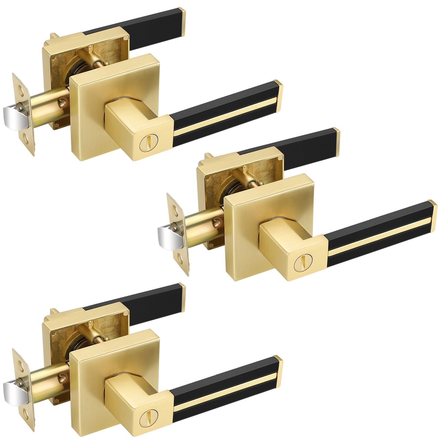 Ehomeware 3 Pack Brass Door Handles Black Leather Lever Gold Privacy Door Lever