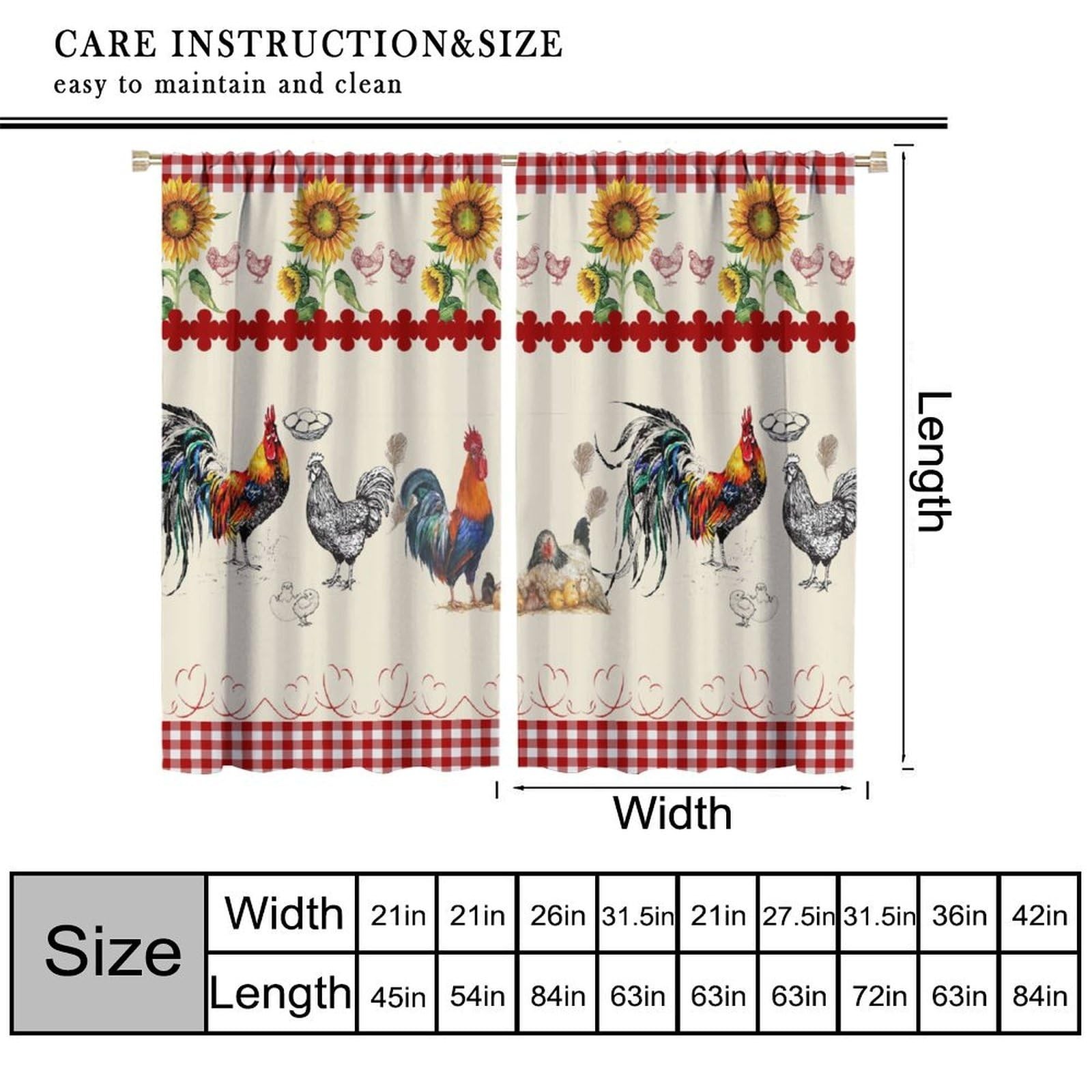 Rustic Rooster Curtain,Vintage Chicken Red Plaid Country Farm Sunflower Windo…