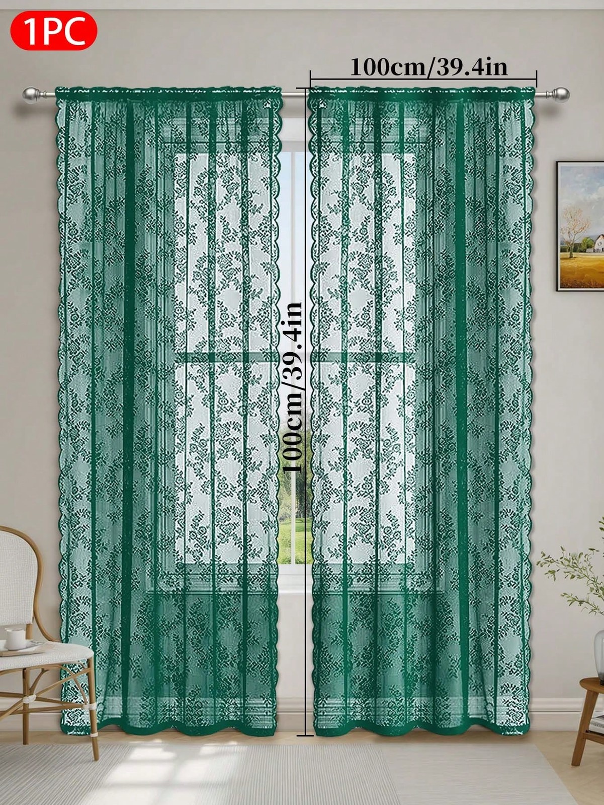1PC Green Floral Lace Sheer Curtain 39″W X 39″L (100x100cm)