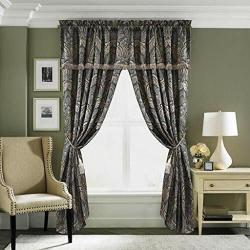 4pc Blue Gold Silver Gray Medallion Curtains Panels Drapes 84 in Valance Tassels