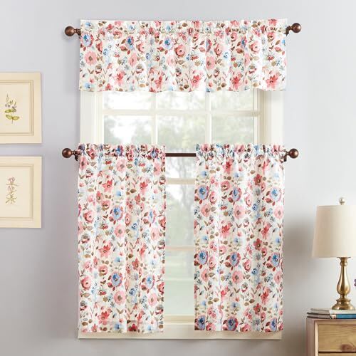Dora Floral Semi-Sheer Rod Pocket Kitchen Curtain Set 54″ x 36″ Coral