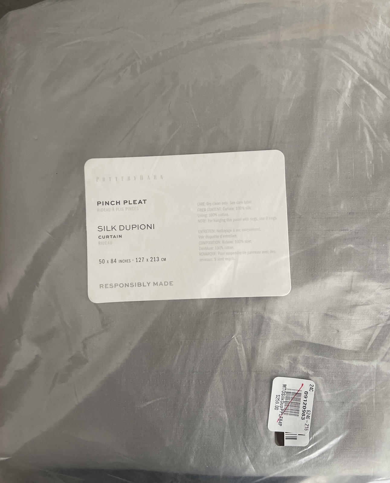 (1) Pottery Barn Dupioni Silk Pinch Pleat Drape Curtain 50×84″ Platinum – NEW
