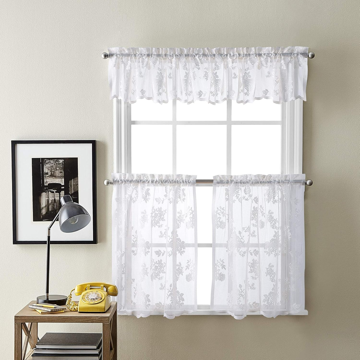 Sibella Lace Kitchen Curtain Window, Rod Pocket, 14 in Valance, White