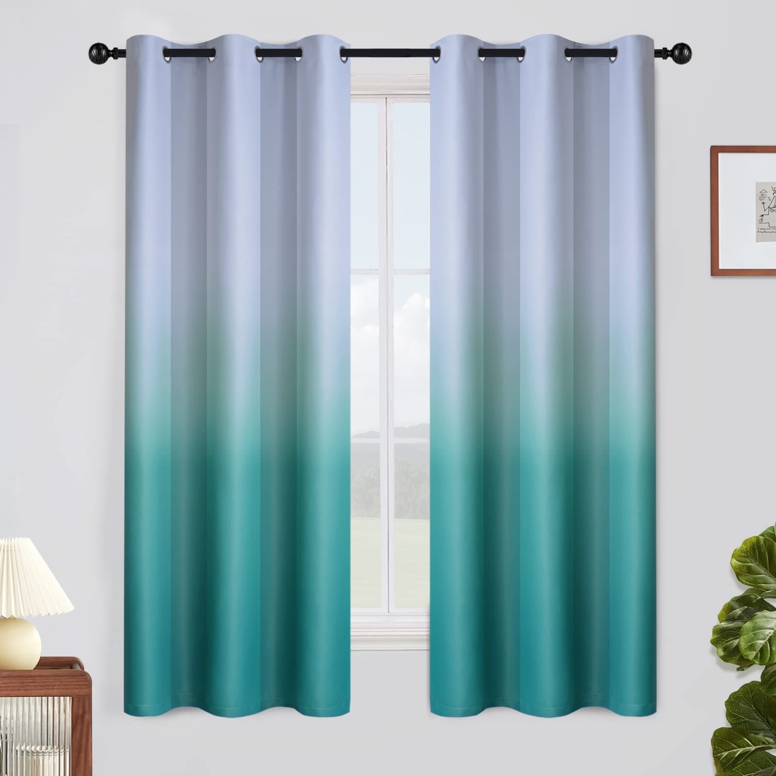 Ombre Curtains 42 x 63 Inch for Bedroom 2 Panels, Gradient Grey White to Teal…