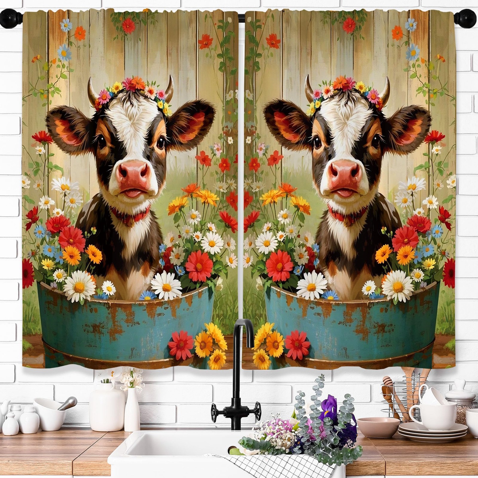 Farm Cow Animal Kitchen Curtains Sets Farmhouse Rustic Curtain 36 Inch Length…
