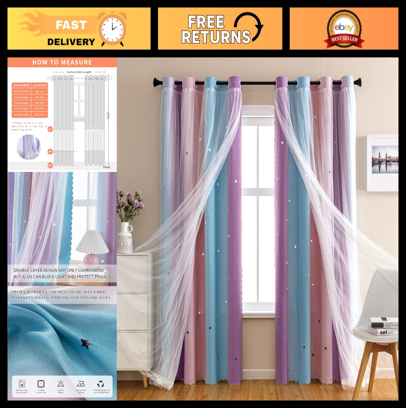Dream Star Blackout Curtains for Kids Room, Princess Design, Pink Purple, 34×84