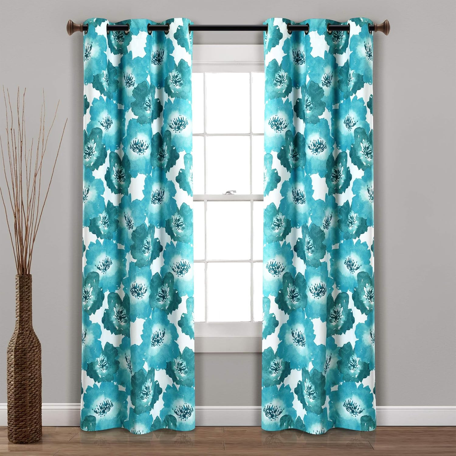Julie Floral Blackout Curtain Panels, 38″ W x 84″ L, Blue & Teal Pair