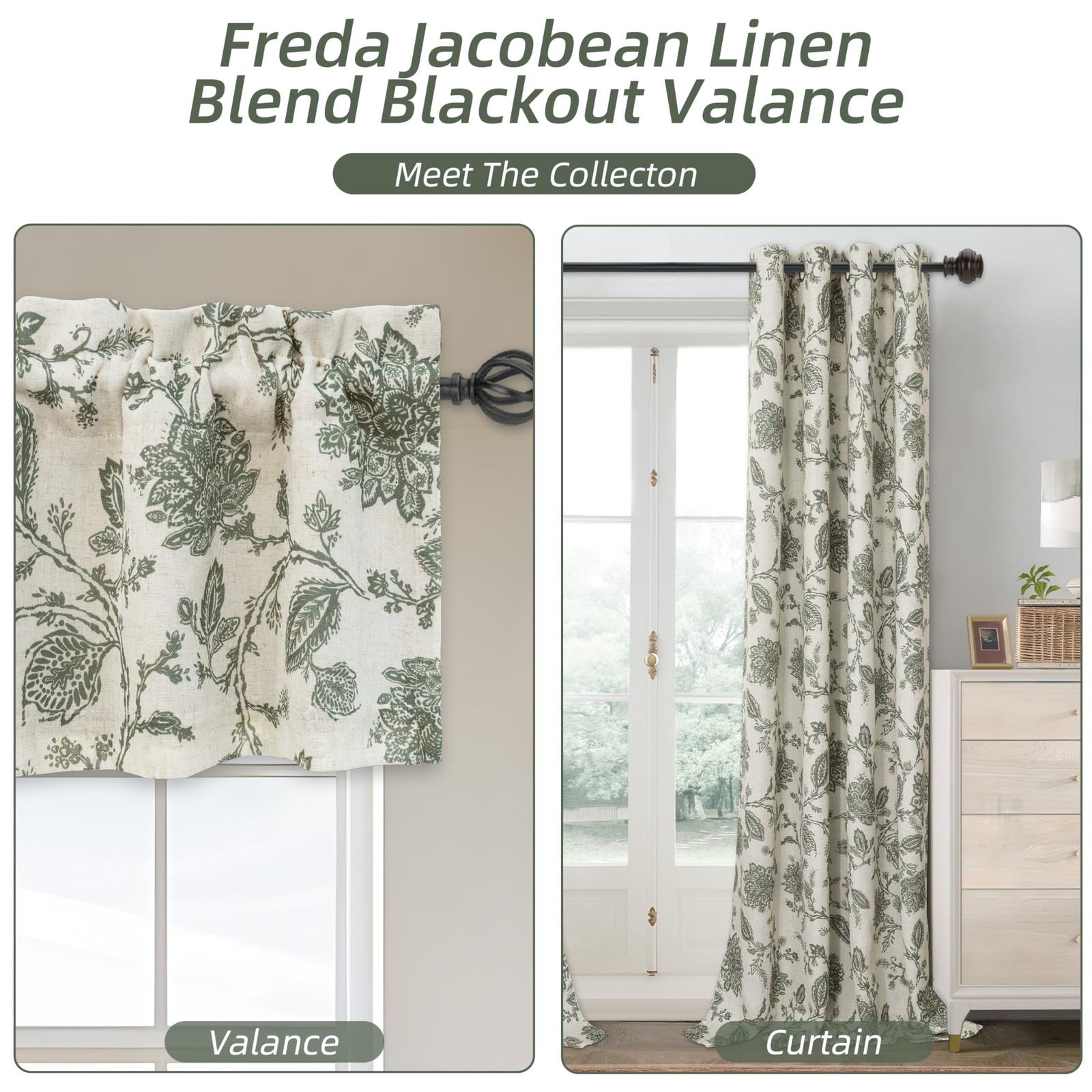 Blackout Valance 52″W x 14″L Floral Linen Blend Thermal Insulated – Privacy