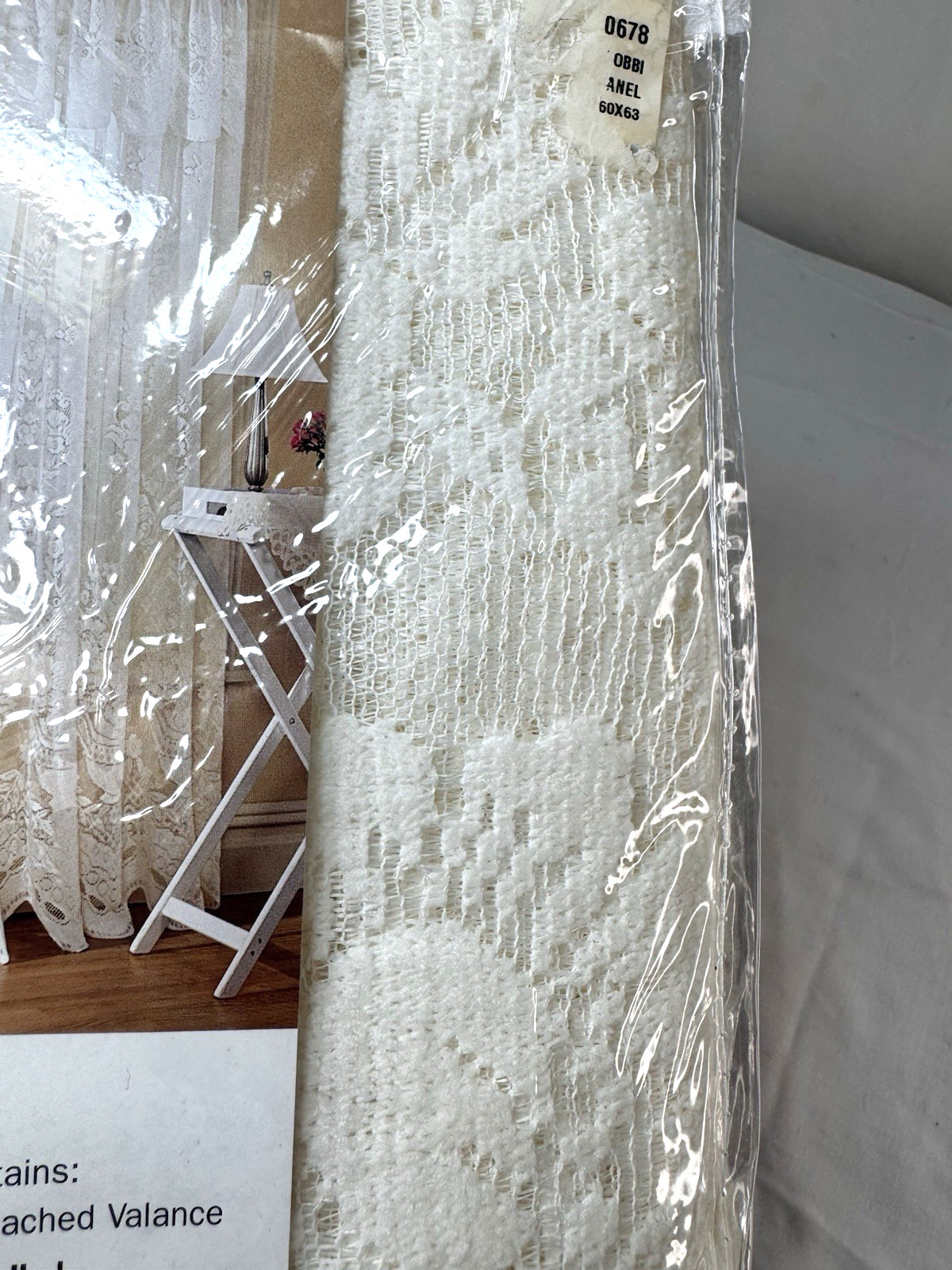 JC Penny Vtg Pair of Lace Curtains 60×63 Cream Ecru Ivory Attached Valance FrShp