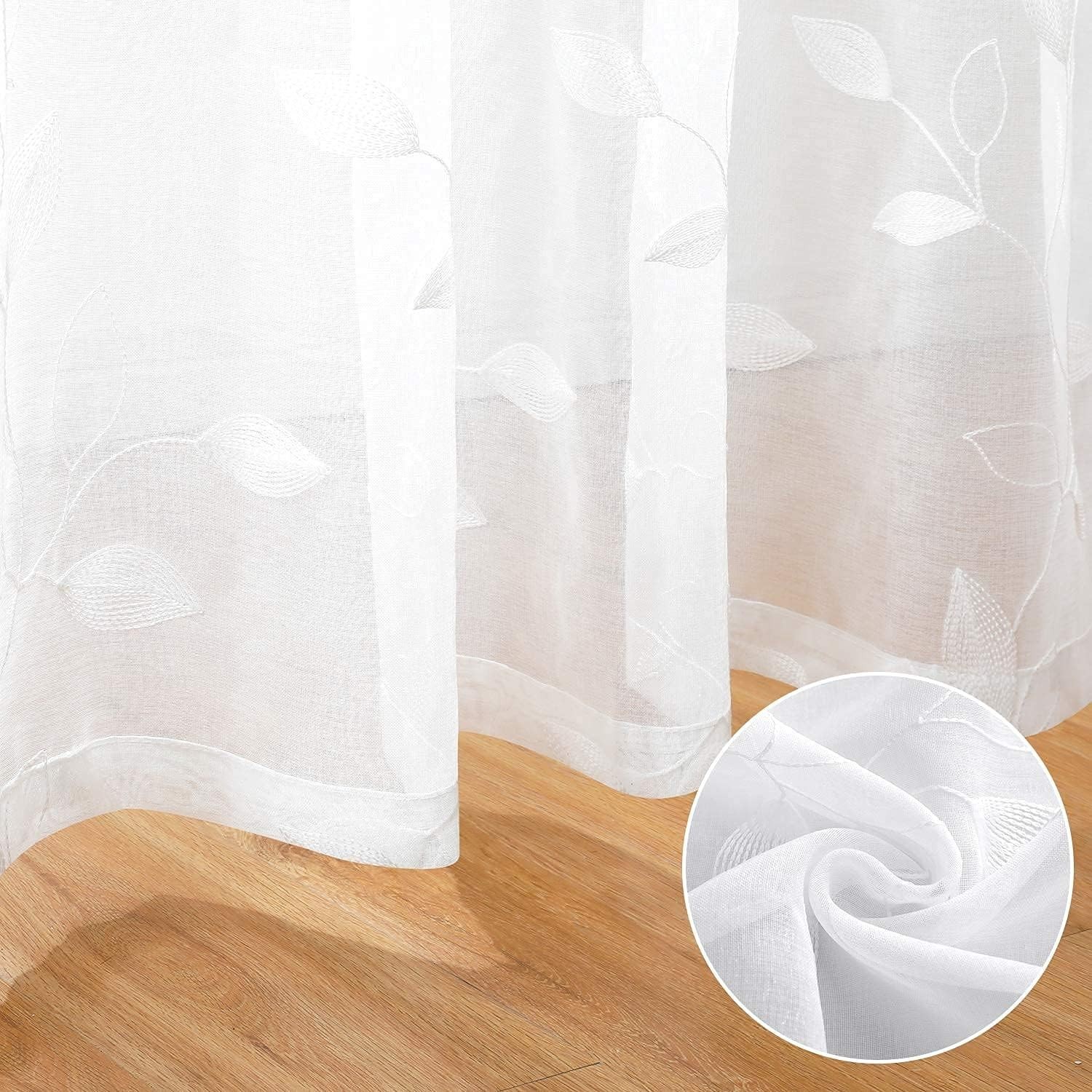Elegant White Sheer Curtains 52×96” with Embroidered Leaf Pattern – Pack of 2